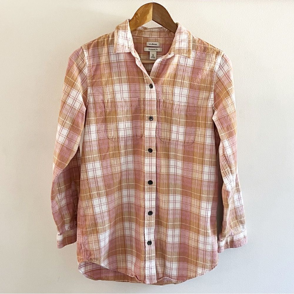 L.L.Bean Signature Cotton Flannel Shirt Pink Gold Plaid Button Front XS